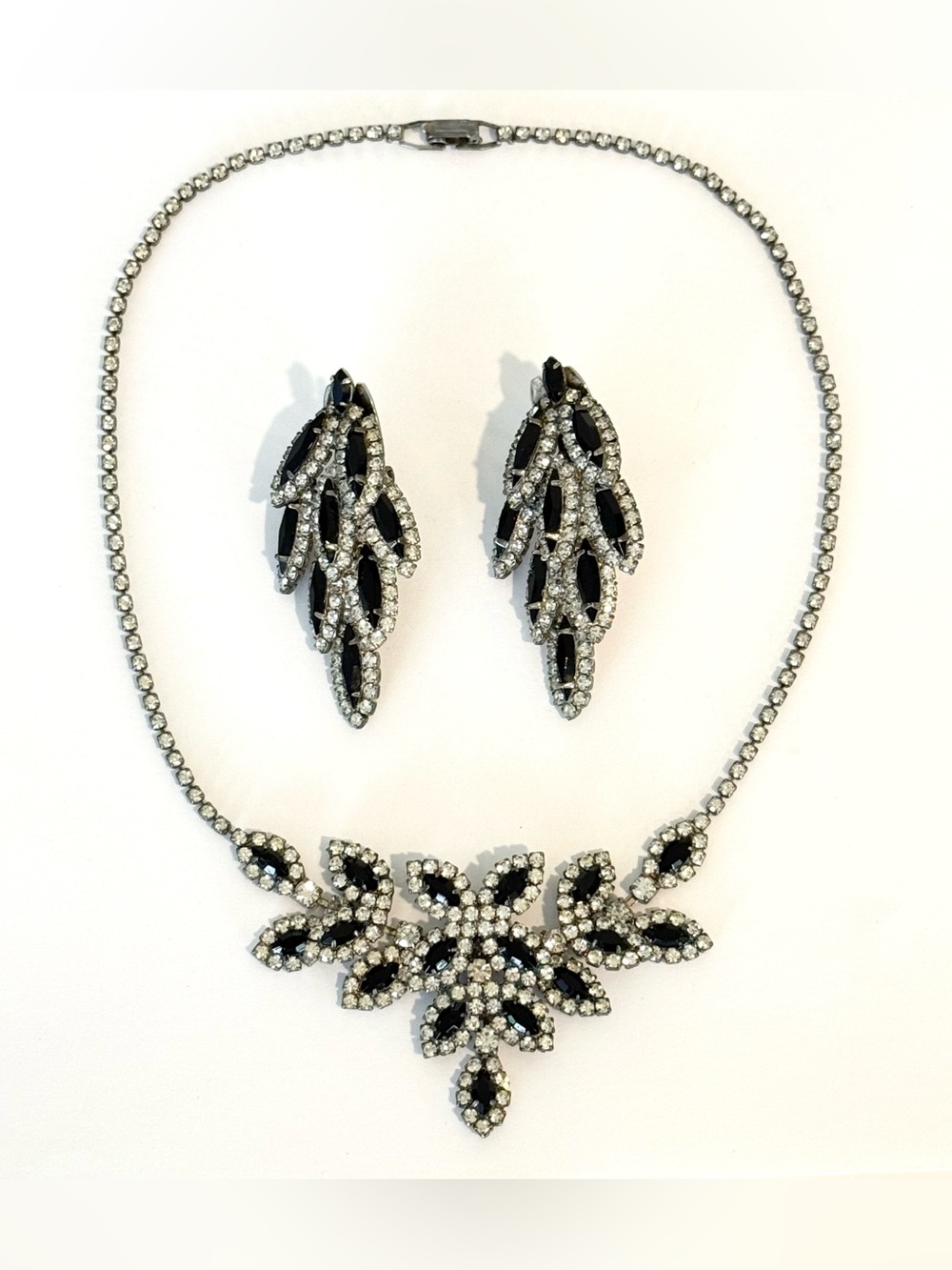Black & Silver Rhinestone Navette Necklace & Earrings Set Demi Parure Juliana ??